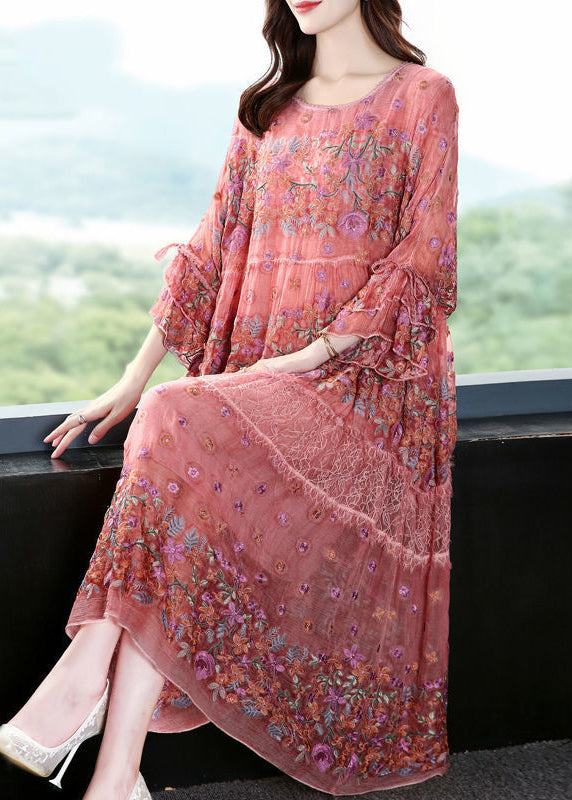 Handmade Pink Embroideried Oversized Silk Vacation Dresses Flare Sleeve LY0968 - fabuloryshop