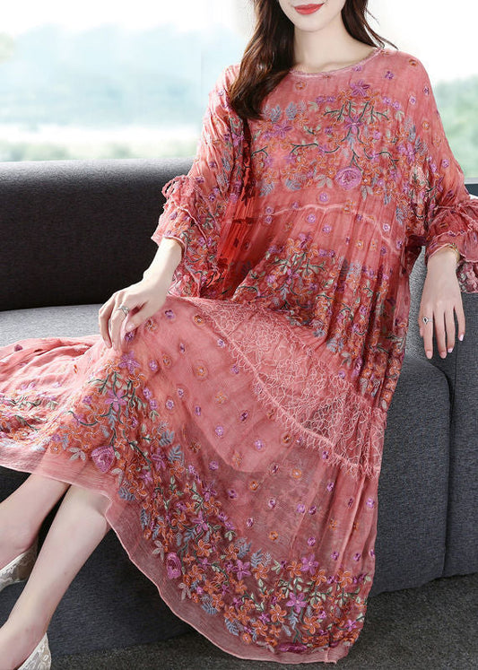 Handmade Pink Embroideried Oversized Silk Vacation Dresses Flare Sleeve LY0968 - fabuloryshop