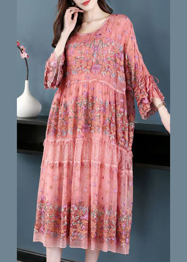 Handmade Pink Embroideried Oversized Silk Vacation Dresses Flare Sleeve LY0968 - fabuloryshop