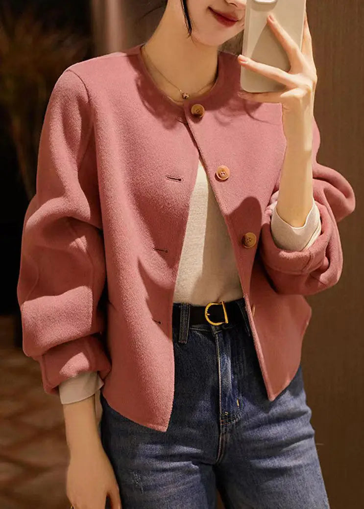 Handmade Pink O Neck Button Patchwork Woolen Coats Winter Ada Fashion