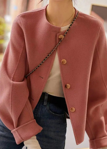 Handmade Pink O Neck Button Patchwork Woolen Coats Winter Ada Fashion