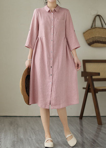 Handmade Pink Peter Pan Collar Patchwork Linen Dresses Summer LY4979 - fabuloryshop