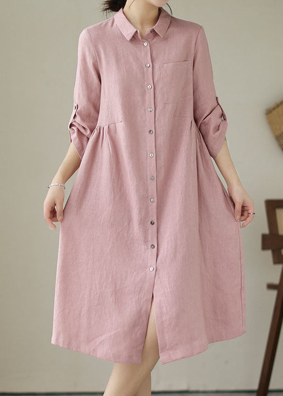 Handmade Pink Peter Pan Collar Patchwork Linen Dresses Summer LY4979 - fabuloryshop