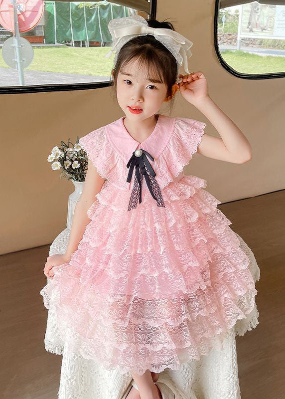 Handmade Pink Ruffled Layered Patchwork Lace Kids Girls Dress Summer LY5497 - fabuloryshop