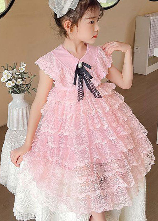 Handmade Pink Ruffled Layered Patchwork Lace Kids Girls Dress Summer LY5497 - fabuloryshop