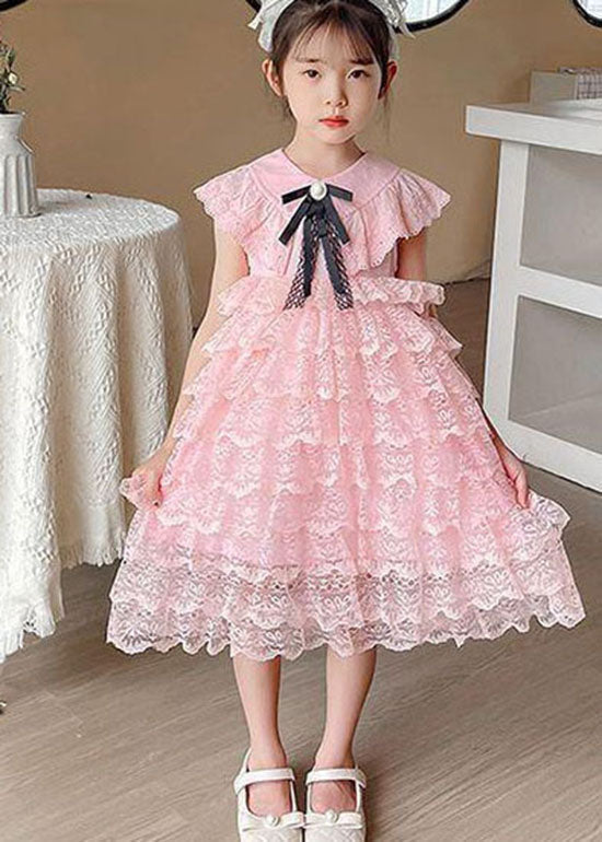 Handmade Pink Ruffled Layered Patchwork Lace Kids Girls Dress Summer LY5497 - fabuloryshop