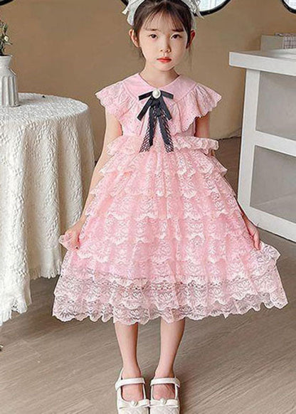 Handmade Pink Ruffled Layered Patchwork Lace Kids Girls Dress Summer LY5497 - fabuloryshop