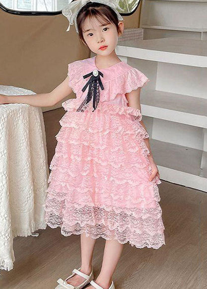 Handmade Pink Ruffled Layered Patchwork Lace Kids Girls Dress Summer LY5497 - fabuloryshop