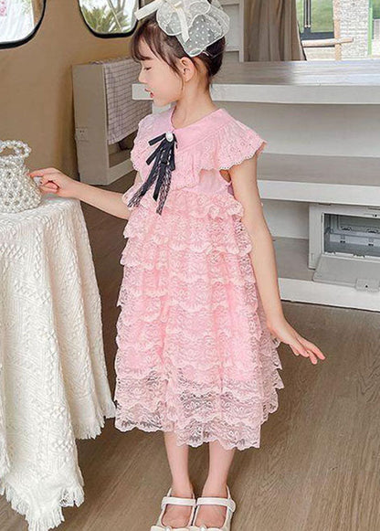 Handmade Pink Ruffled Layered Patchwork Lace Kids Girls Dress Summer LY5497 - fabuloryshop