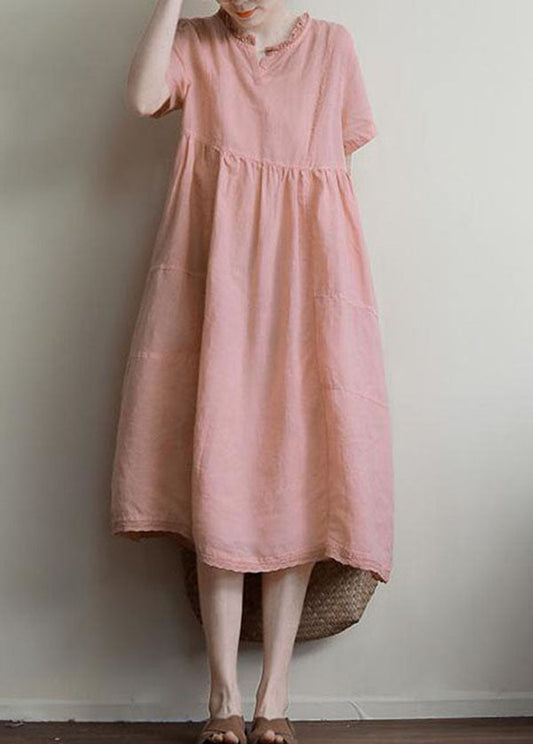 Handmade Pink Ruffled Patchwork Linen Dress Summer LY3972