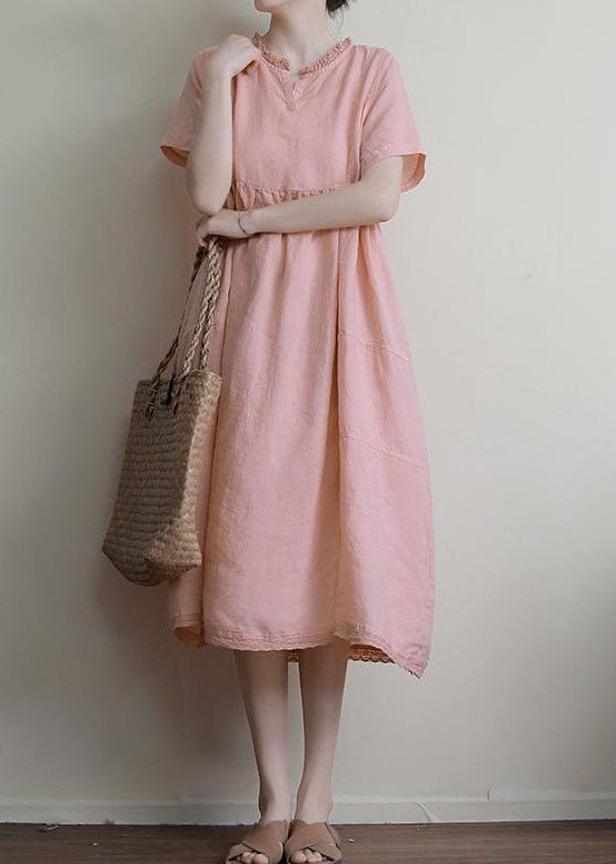 Handmade Pink Ruffled Patchwork Linen Dress Summer LY3972 - fabuloryshop