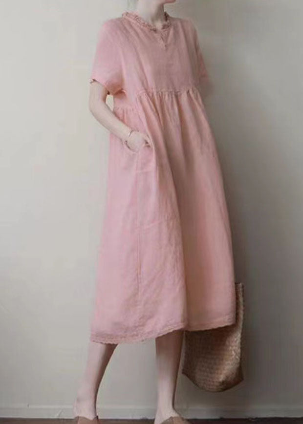 Handmade Pink Ruffled Patchwork Linen Dress Summer LY3972 - fabuloryshop