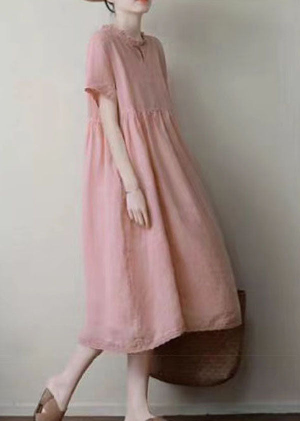 Handmade Pink Ruffled Patchwork Linen Dress Summer LY3972 - fabuloryshop