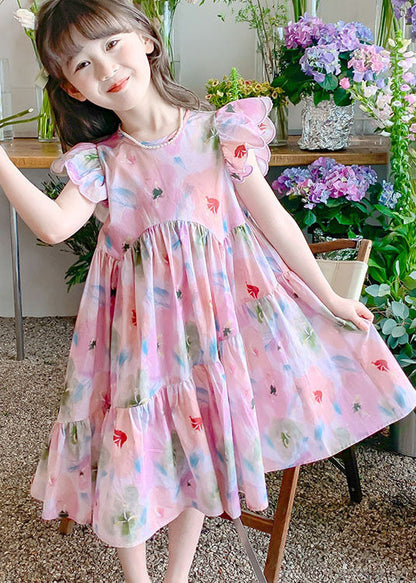 Handmade Pink Ruffled Print Patchwork Cotton Kids Girls Dresses Summer LY5447 - fabuloryshop