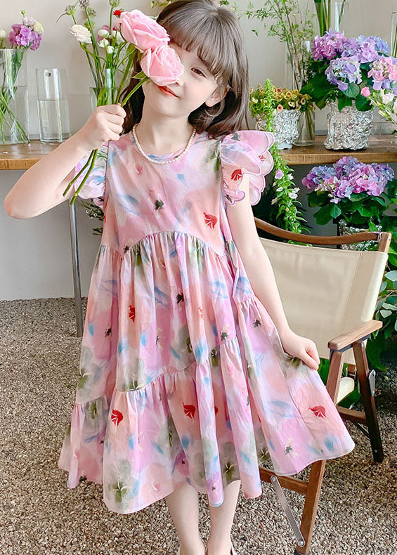 Handmade Pink Ruffled Print Patchwork Cotton Kids Girls Dresses Summer LY5447 - fabuloryshop