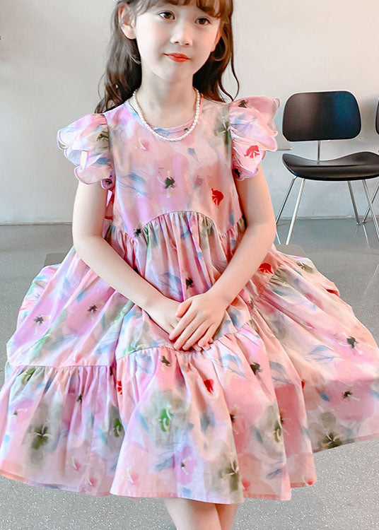 Handmade Pink Ruffled Print Patchwork Cotton Kids Girls Dresses Summer LY5447 - fabuloryshop