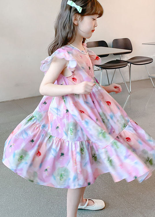 Handmade Pink Ruffled Print Patchwork Cotton Kids Girls Dresses Summer LY5447 - fabuloryshop