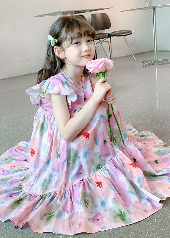 Handmade Pink Ruffled Print Patchwork Cotton Kids Girls Dresses Summer LY5447 - fabuloryshop