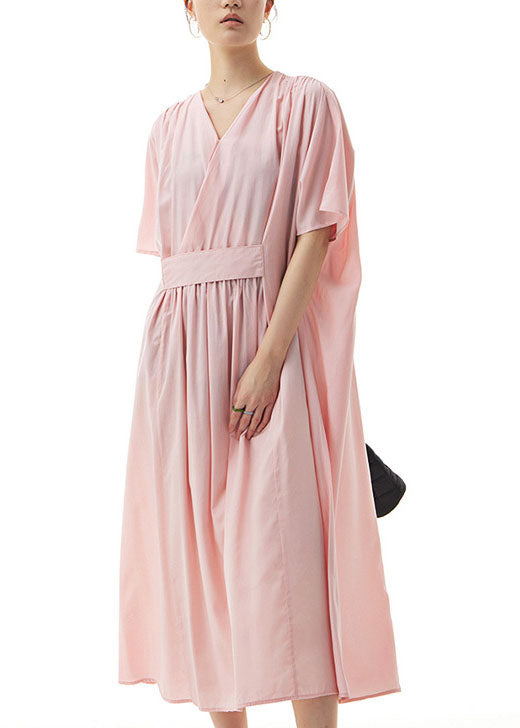 Handmade Pink V Neck Wrinkled Patchwork Cotton Dress Summer LY1158 - fabuloryshop