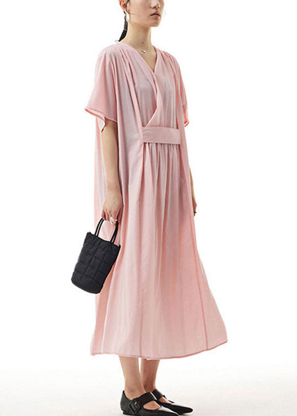 Handmade Pink V Neck Wrinkled Patchwork Cotton Dress Summer LY1158 - fabuloryshop