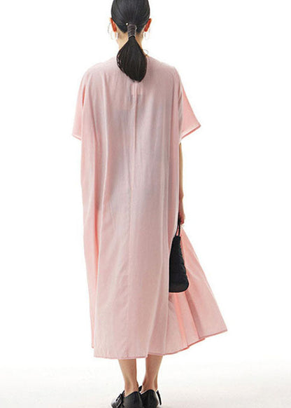 Handmade Pink V Neck Wrinkled Patchwork Cotton Dress Summer LY1158 - fabuloryshop