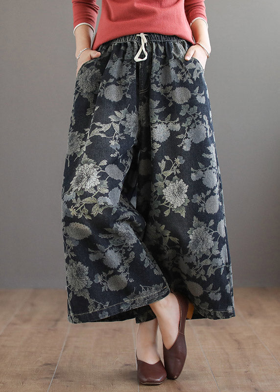 Handmade Print Elastic Waist Tie Waist Cotton Wide Leg Pants Summer LY4639 - fabuloryshop