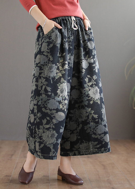 Handmade Print Elastic Waist Tie Waist Cotton Wide Leg Pants Summer LY4639 - fabuloryshop