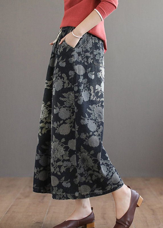 Handmade Print Elastic Waist Tie Waist Cotton Wide Leg Pants Summer LY4639 - fabuloryshop