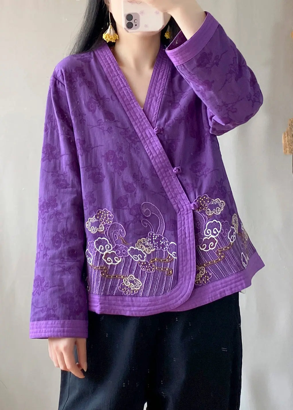 Handmade Purple Embroideried Floral Tops Long Sleeve Ada Fashion