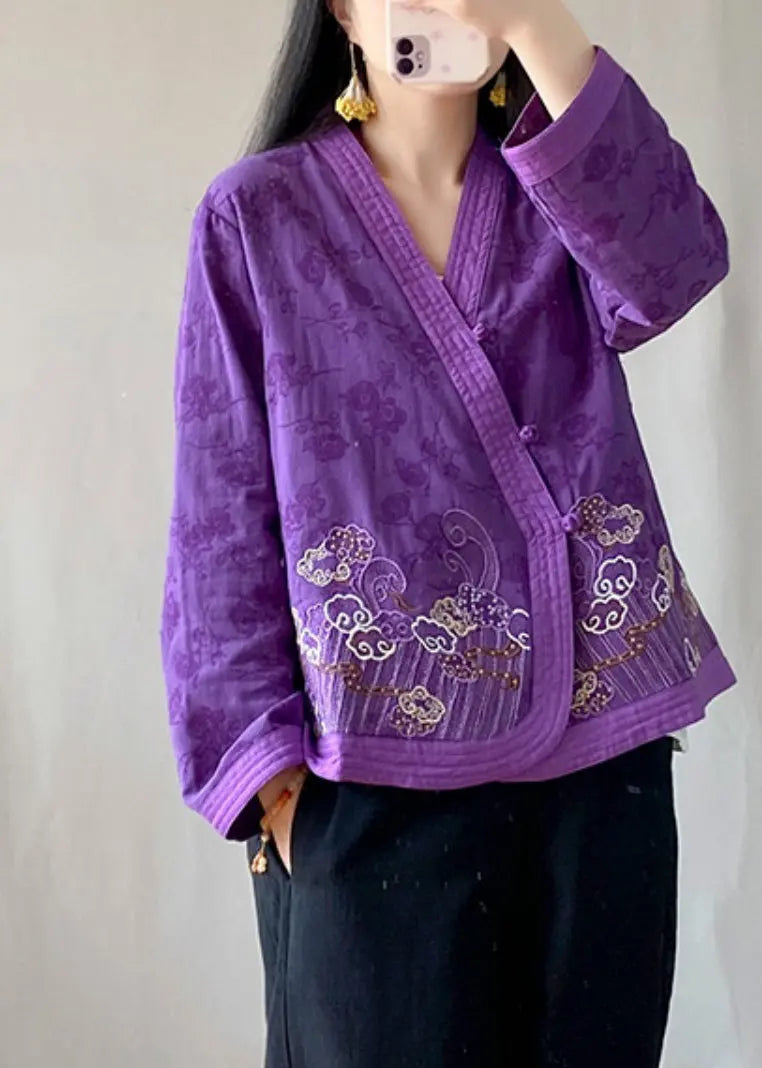 Handmade Purple Embroideried Floral Tops Long Sleeve Ada Fashion