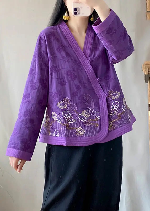 Handmade Purple Embroideried Floral Tops Long Sleeve Ada Fashion