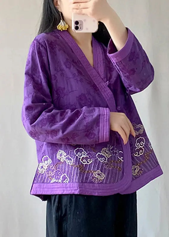 Handmade Purple Embroideried Floral Tops Long Sleeve Ada Fashion