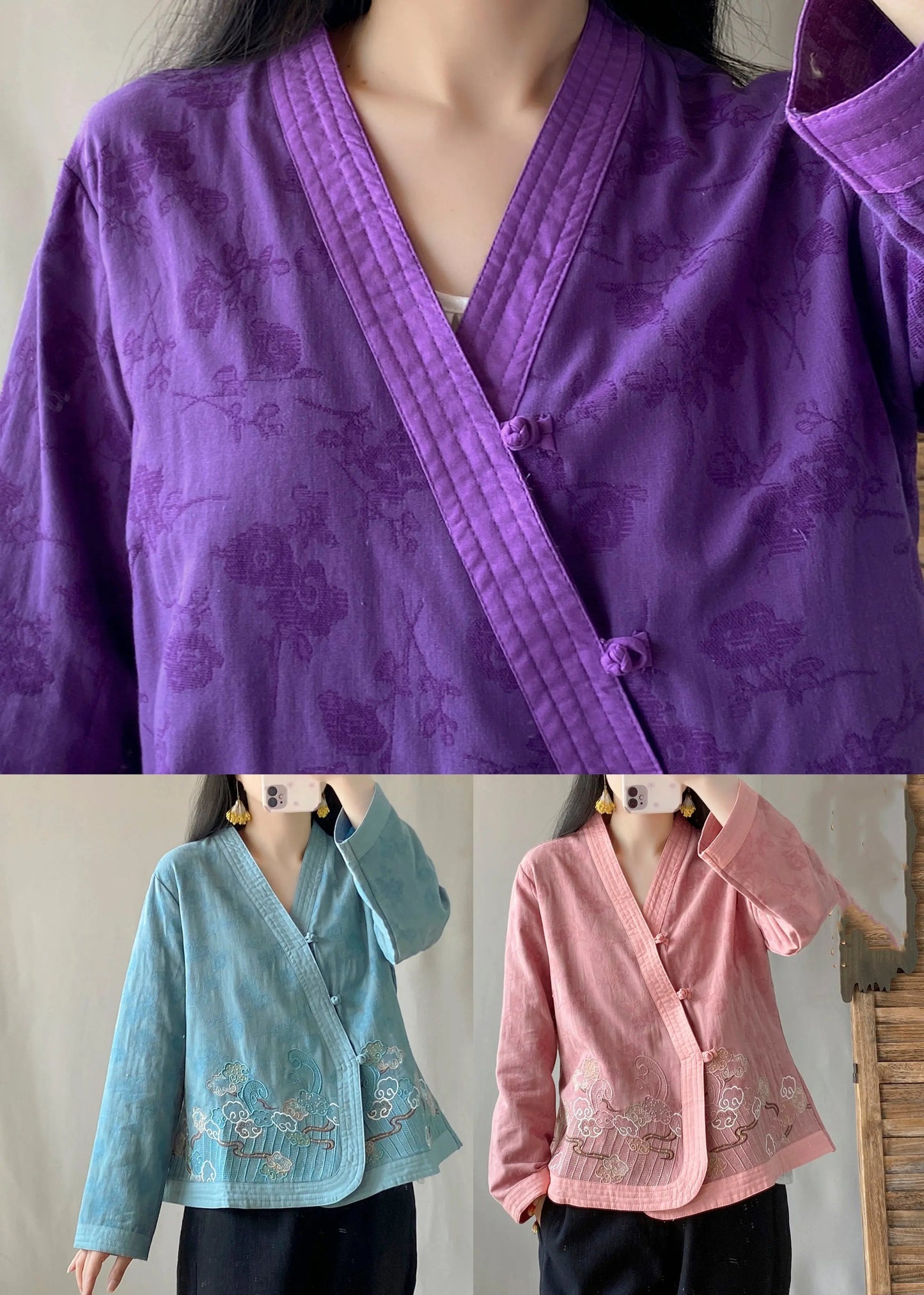 Handmade Purple Embroideried Floral Tops Long Sleeve Ada Fashion