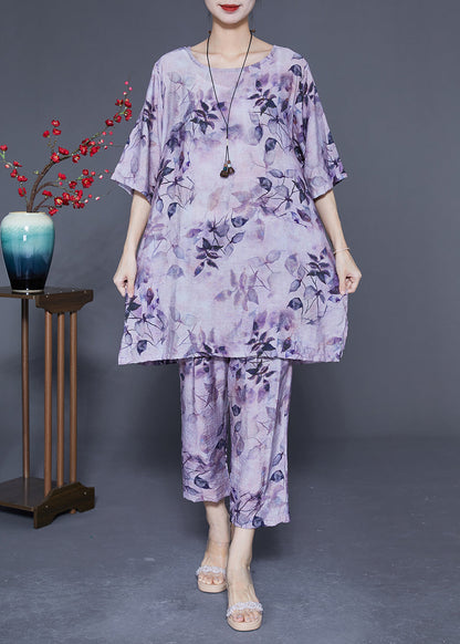 Handmade Purple O-Neck Oversized Print Linen Silk Two-Piece Set Summer LY1853 - fabuloryshop