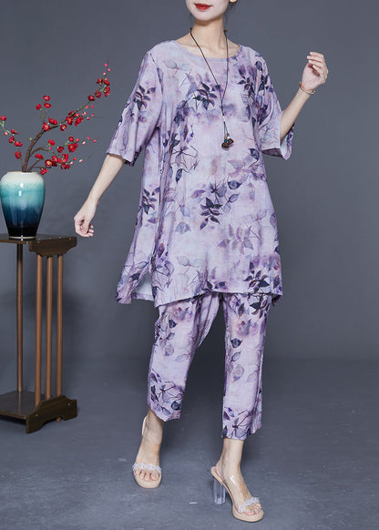 Handmade Purple O-Neck Oversized Print Linen Silk Two-Piece Set Summer LY1853 - fabuloryshop