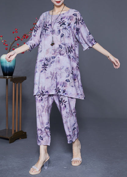 Handmade Purple O-Neck Oversized Print Linen Silk Two-Piece Set Summer LY1853 - fabuloryshop