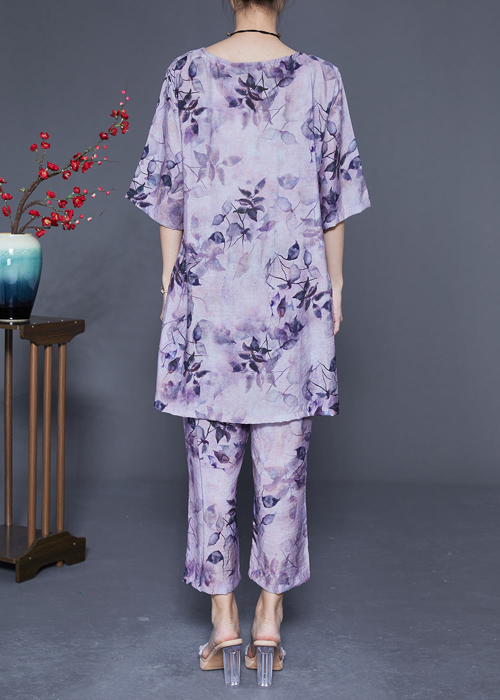 Handmade Purple O-Neck Oversized Print Linen Silk Two-Piece Set Summer LY1853 - fabuloryshop