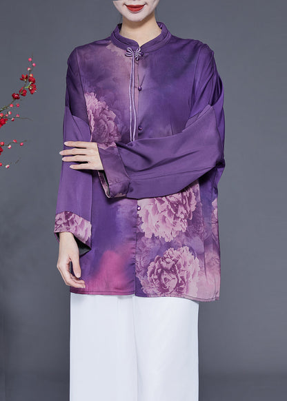 Handmade Purple Stand Collar Tassel Print Silk Shirts Spring LY1825 - fabuloryshop