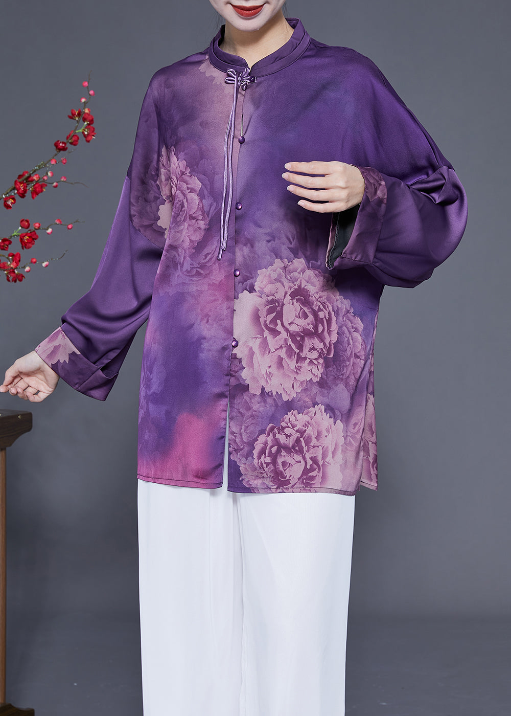 Handmade Purple Stand Collar Tassel Print Silk Shirts Spring LY1825 - fabuloryshop