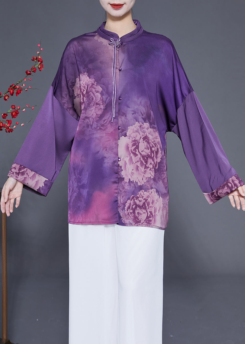 Handmade Purple Stand Collar Tassel Print Silk Shirts Spring LY1825 - fabuloryshop