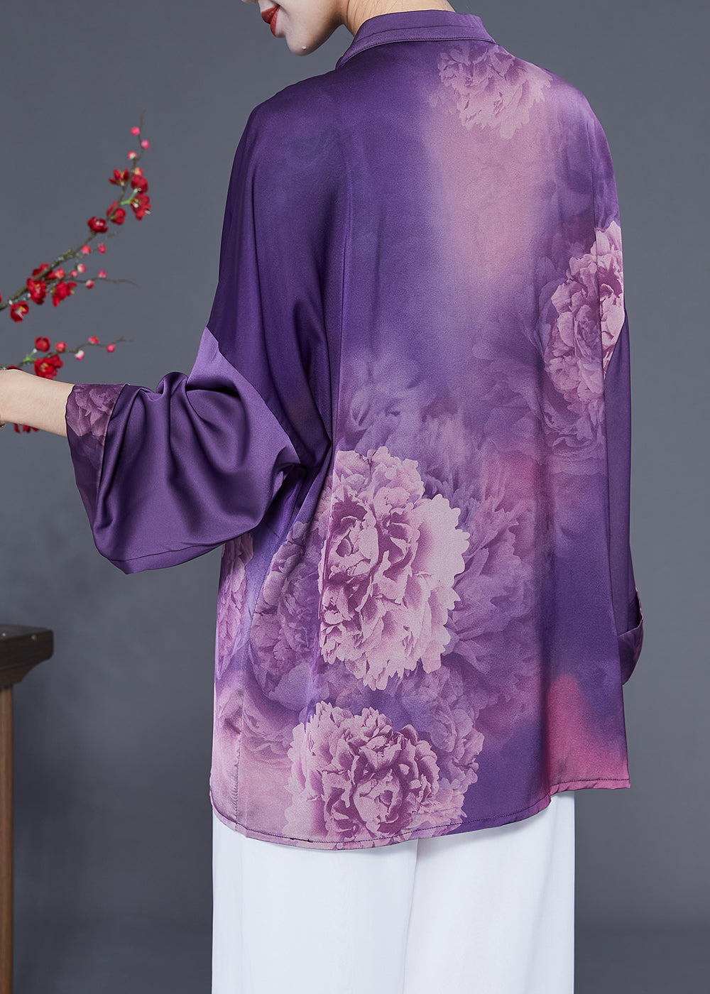 Handmade Purple Stand Collar Tassel Print Silk Shirts Spring LY1825 - fabuloryshop