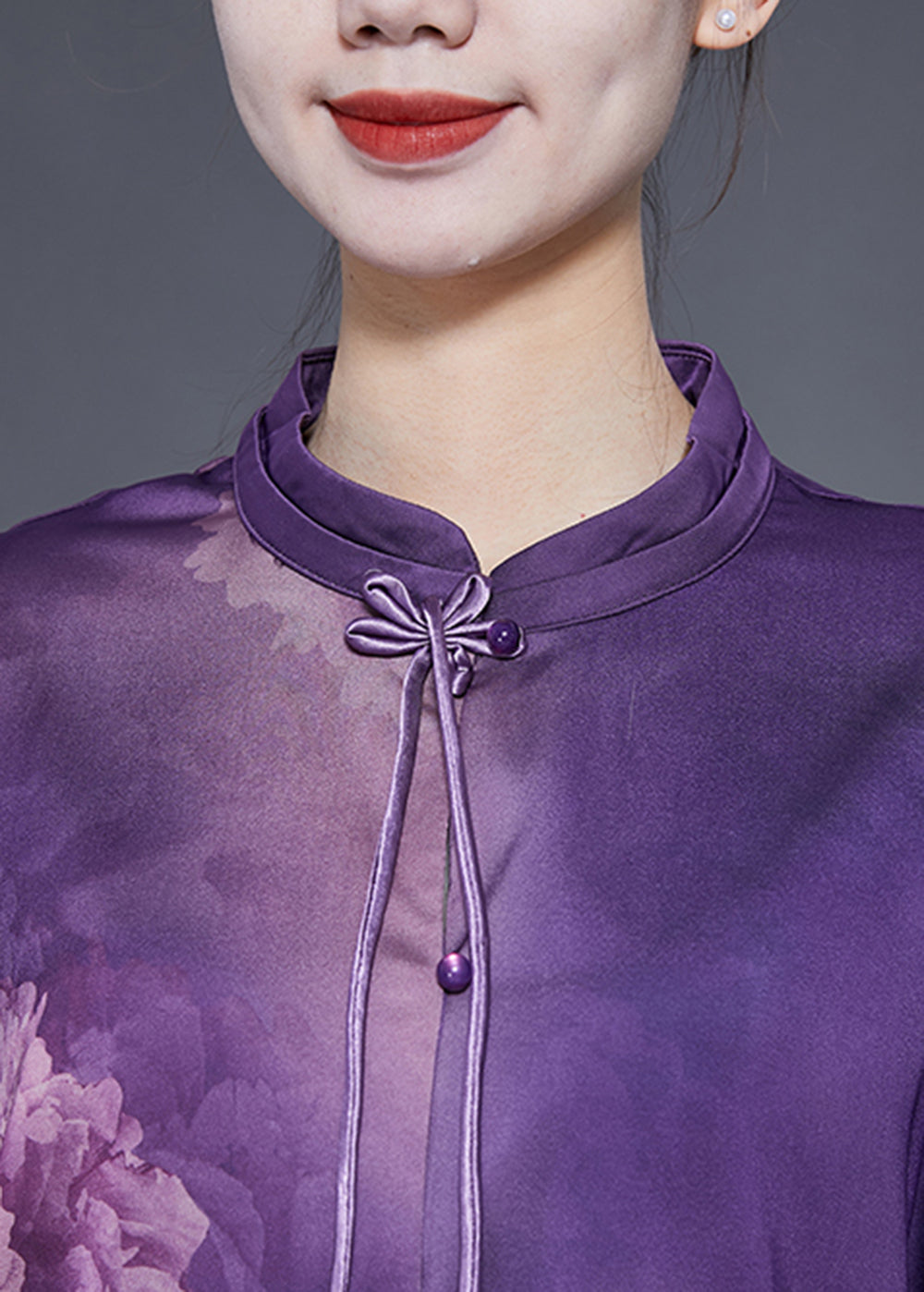 Handmade Purple Stand Collar Tassel Print Silk Shirts Spring LY1825 - fabuloryshop