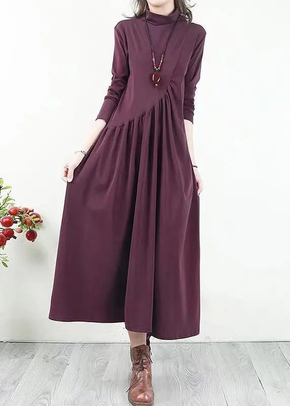 Handmade Purple Wrinkled Patchwork Cotton Long Dresses Fall Ada Fashion