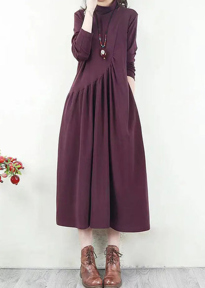 Handmade Purple Wrinkled Patchwork Cotton Long Dresses Fall Ada Fashion