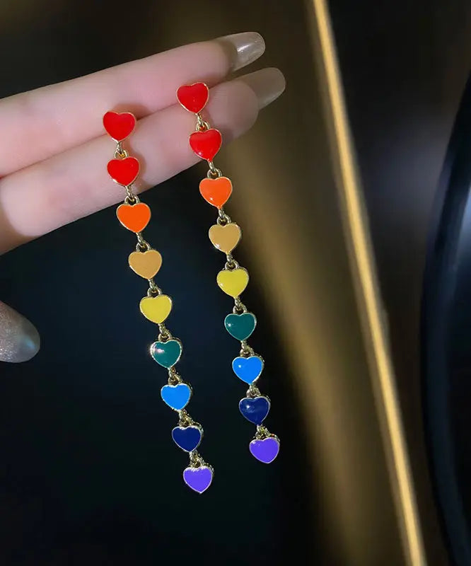 Handmade Rainbow Overgild Oil Drip Love Tassel Drop Earrings Ada Fashion