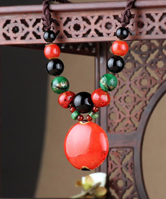 Red Agate Coloured Glaze Pendant Necklace - fabuloryshop
