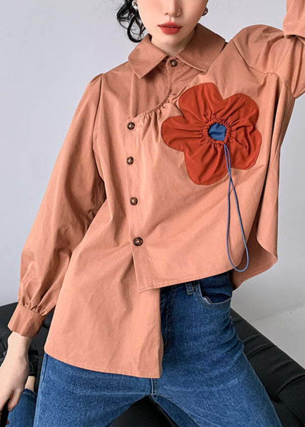 Handmade Red Brown Asymmetrical Patchwork Cotton Shirts Spring LY0766 - fabuloryshop