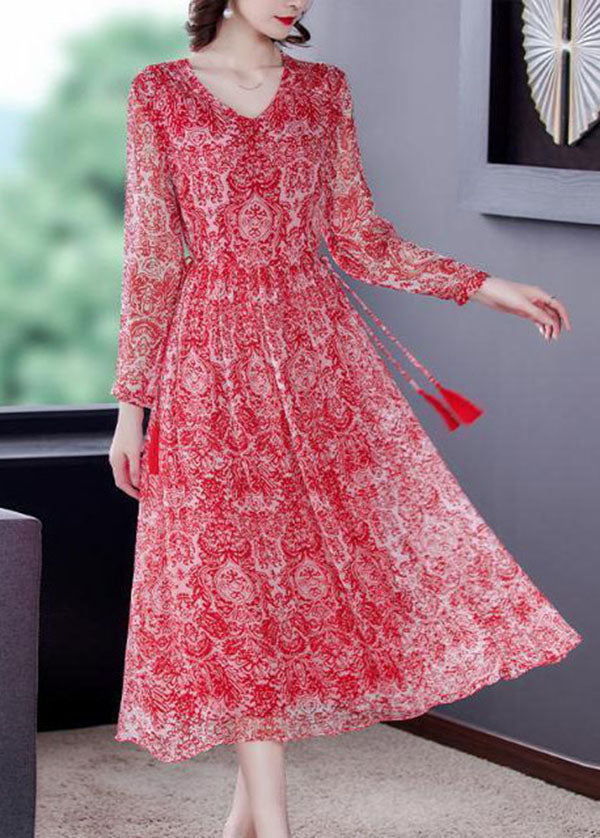 Handmade Red Cinched Print Silk Long Dress Spring LY0534