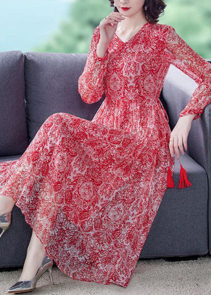 Handmade Red Cinched Print Silk Long Dress Spring LY0534 - fabuloryshop