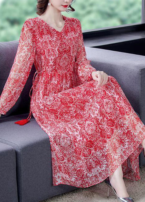 Handmade Red Cinched Print Silk Long Dress Spring LY0534